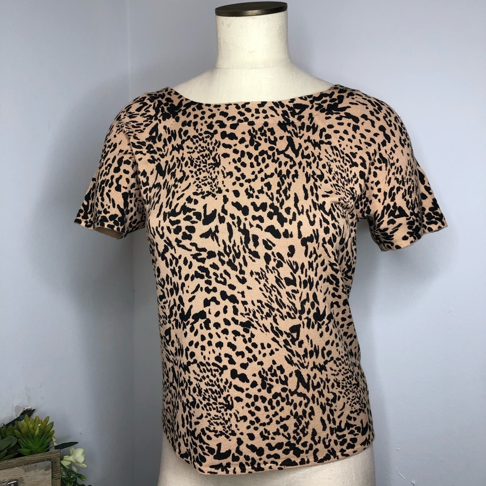Worthington Cheetah Print Short Sleeves Knit Sweater Top M Boat Neck Old Money